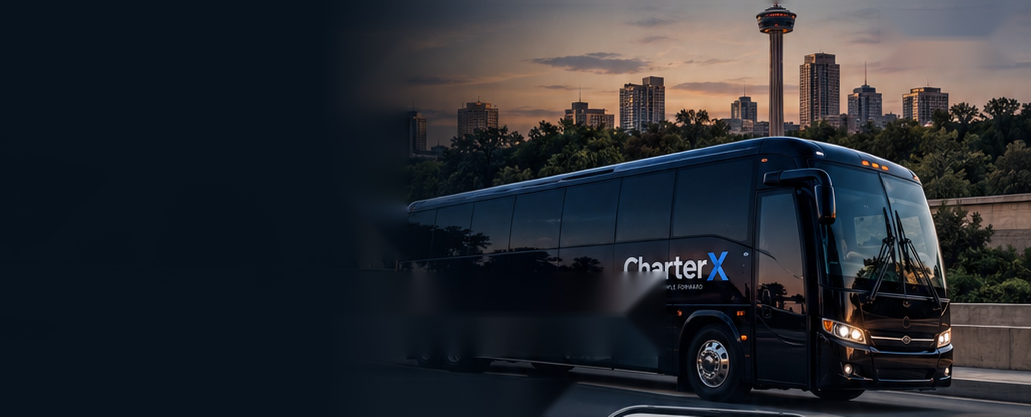 Illustrative CharterX-branded motorcoach against the San Antonio skyline at dusk