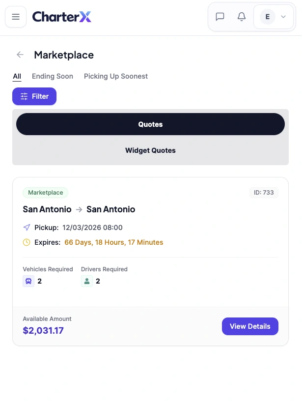 Actual responsive CharterX operator marketplace with available trip details and a View Details action