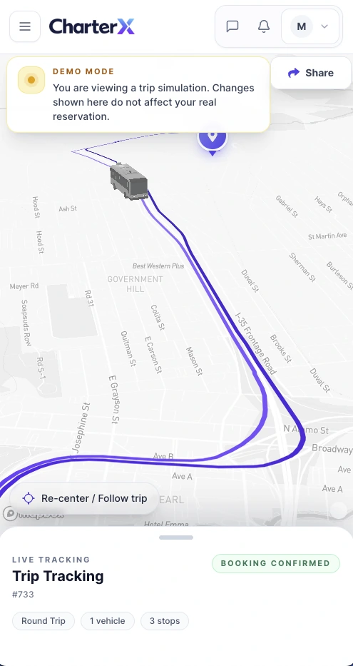 CharterX customer trip view with demo notice, route, and trip tracking details