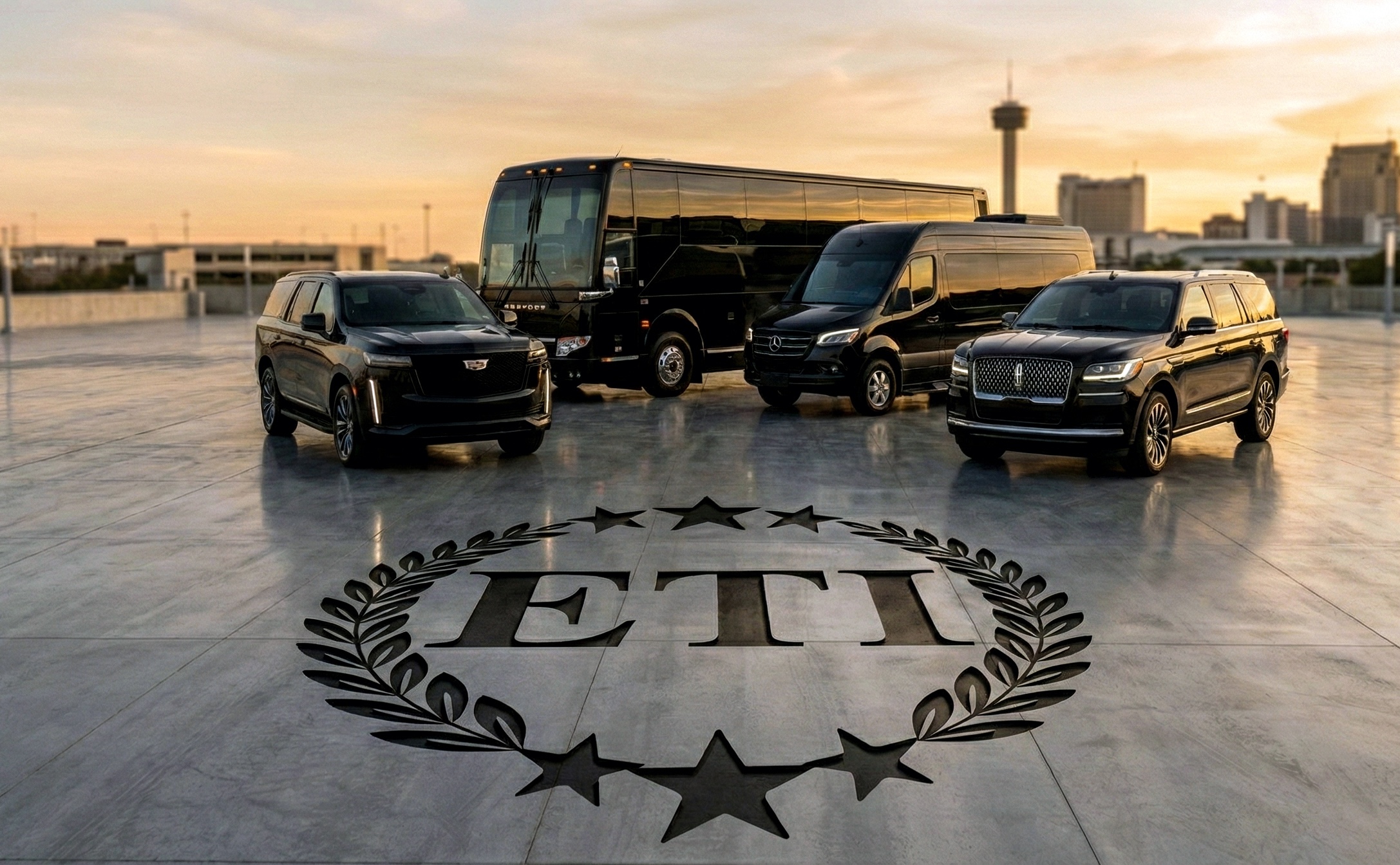 ETI fleet with a motorcoach, minicoach, and SUV